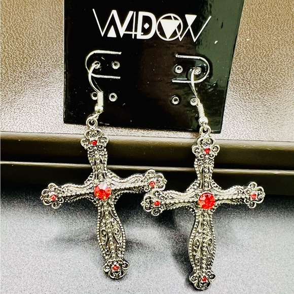 NWT Dolls Kill Widow Red Gemstone Silver Antiquated Silver Cross Drop Earrings - Picture 1 of 7